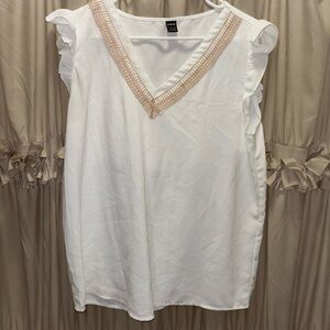 White V-Neck Blouse with Lace Trim